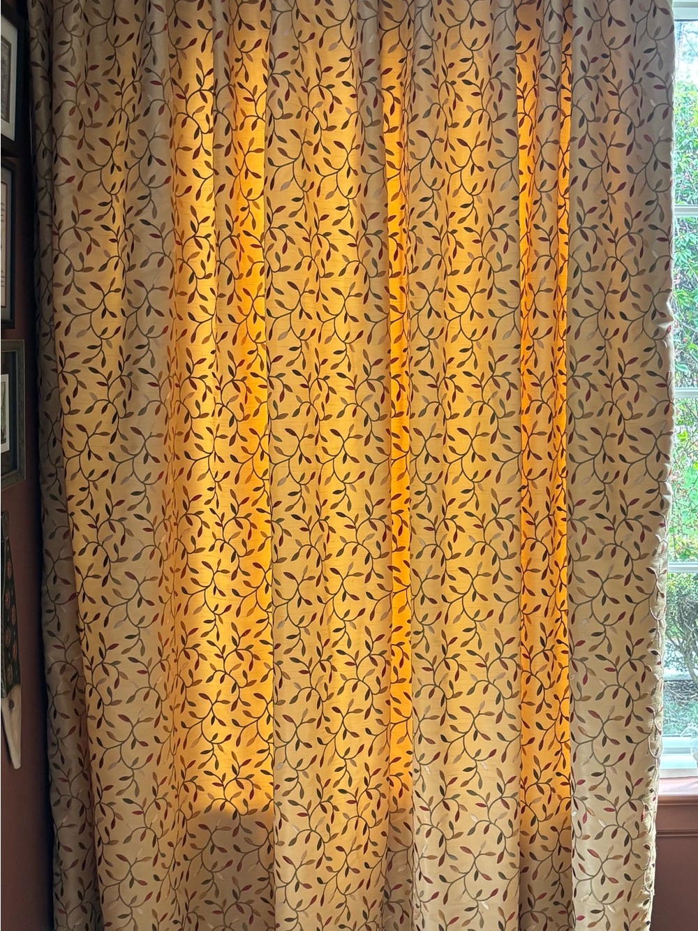 Custom Silk, Gold, Leaf Print Lined Curtains